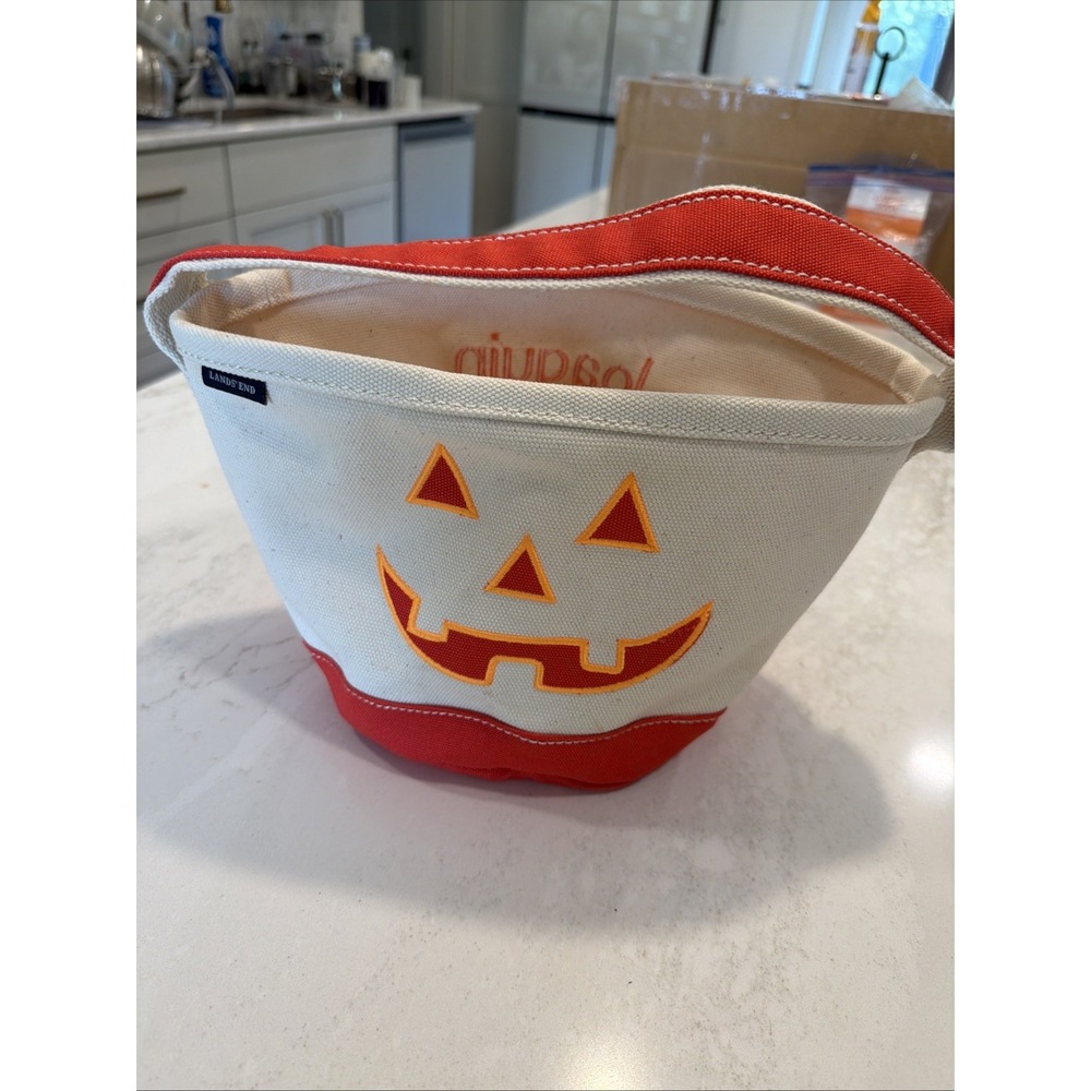 Lands End Halloween Canvas Bucket Tote Bag Jack-0- Lantern "Joaquin"